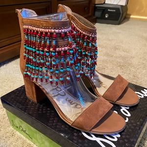 Camel Suede block heels with red, bronze, and turquoise bead accessories